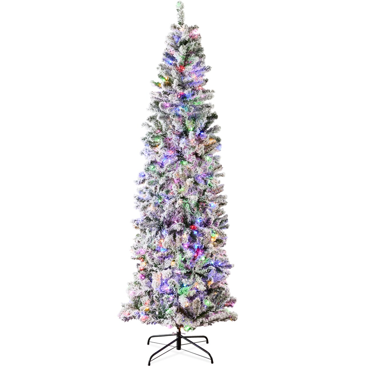 Best Choice Products Pre-Lit Artificial Snow Flocked Pencil Christmas Tree Decoration w/ Multicolor Lights